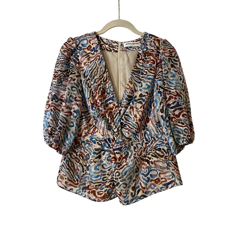 Amanda Uprichard Colorful LynxFloral Short Sleeve Knot Front Blouse Sz S